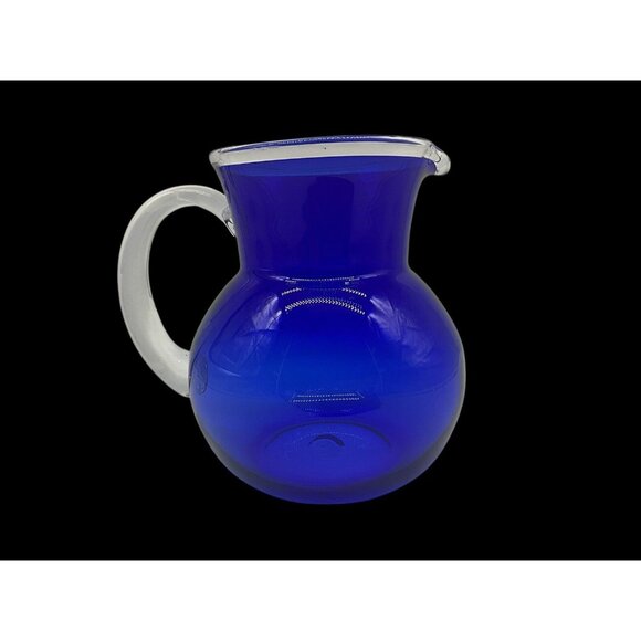 Handblown Vintage Pitcher Cobalt Blue and Clear Art Glass Quality Workmanship - Picture 2 of 16